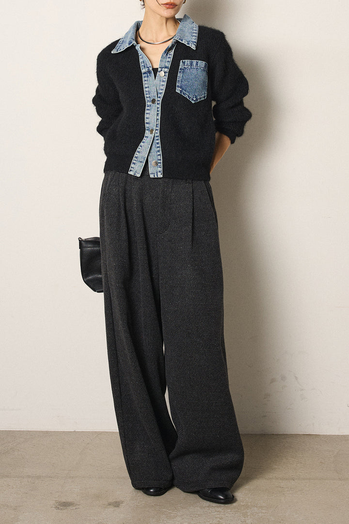 [SET]襟付きデニム切替ニットカーディガン+起毛タック入りツイードワイドパンツ(2set)