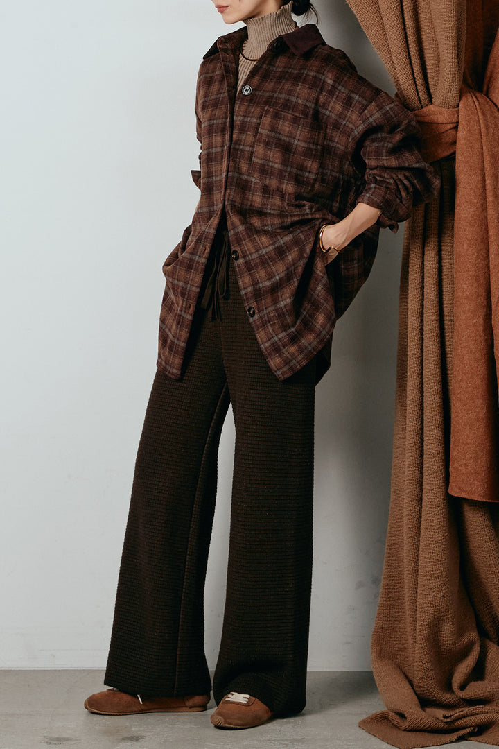 [SET]シャギーチェックシャツジャケット+ワイドリブニットイージーパンツ+リブニットシームレスタートルプルオーバー(3set)