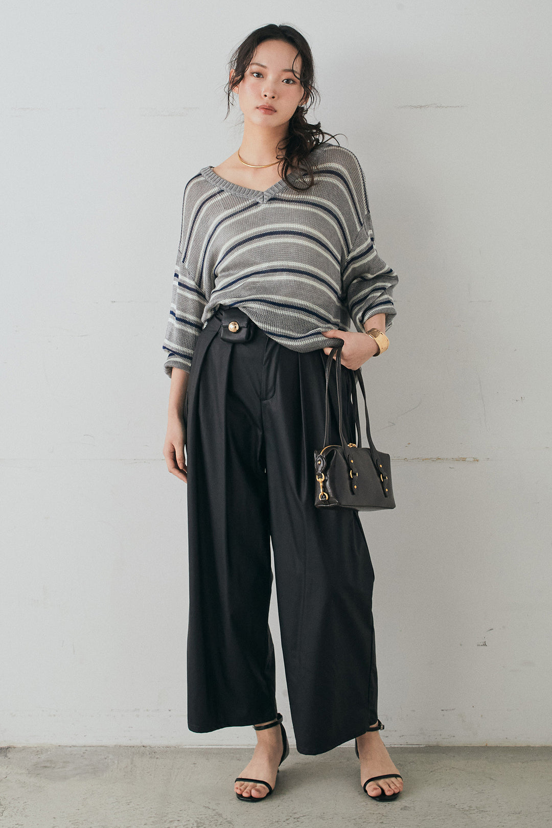 [SET]綿タッチVネックボーダートップス+ウォッシャブルエコレザータックパンツ(2set)