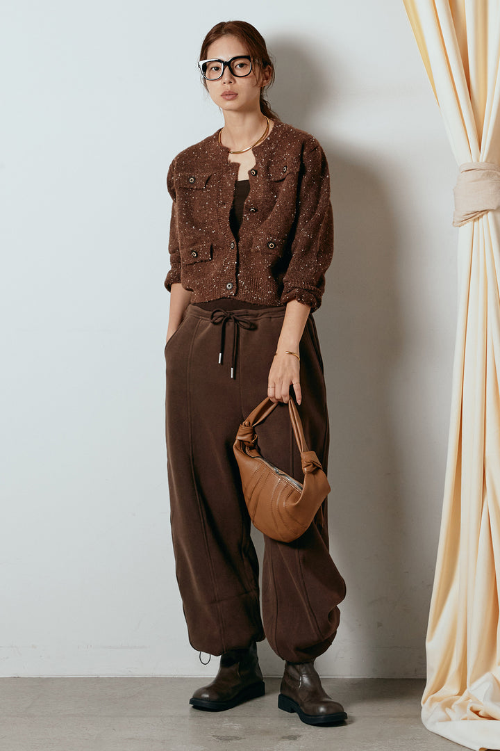 [SET]ネップニットカーディガン+スウェットワイドカーブパンツ(2set)