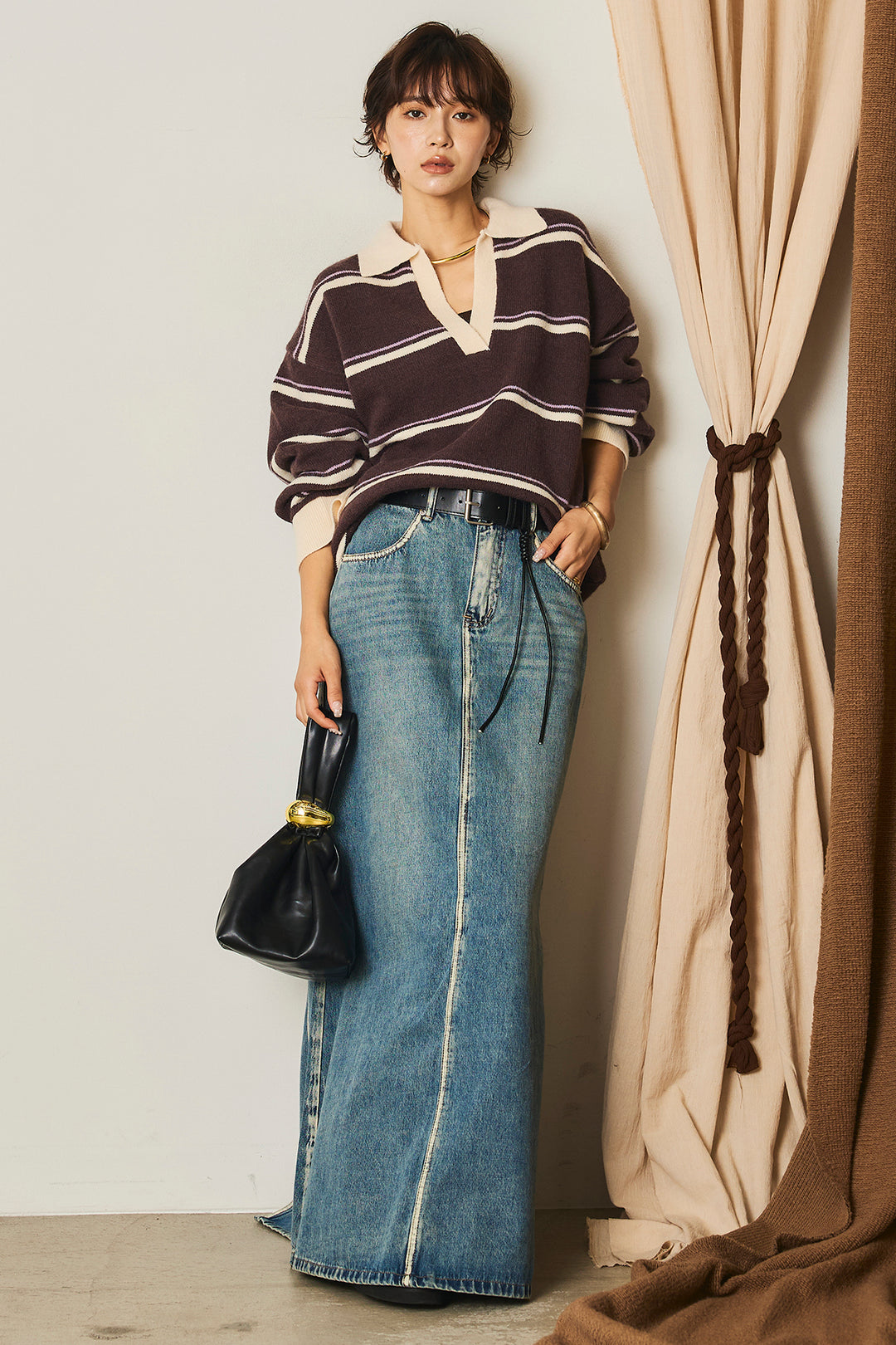 【即納】フェイクレザー太ベルト付きデニムワイドスカート