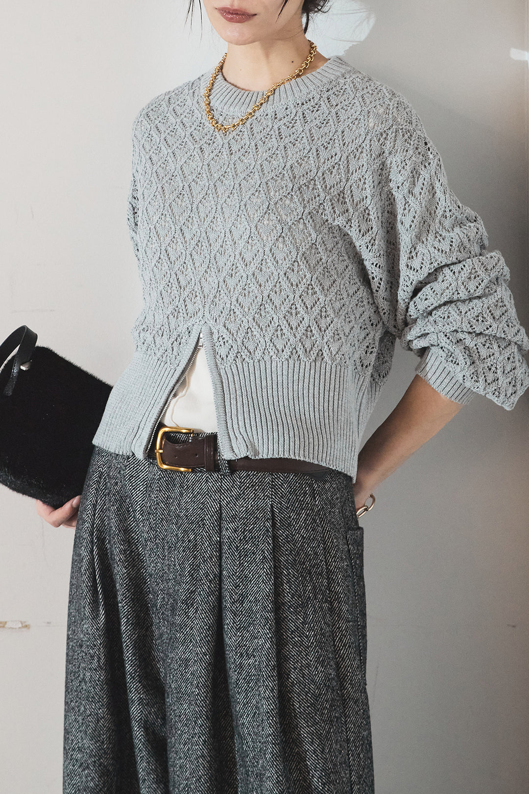 [SET]透かし編みニットジップスリットプルオーバー+タックツイードワイドパンツ(2set)