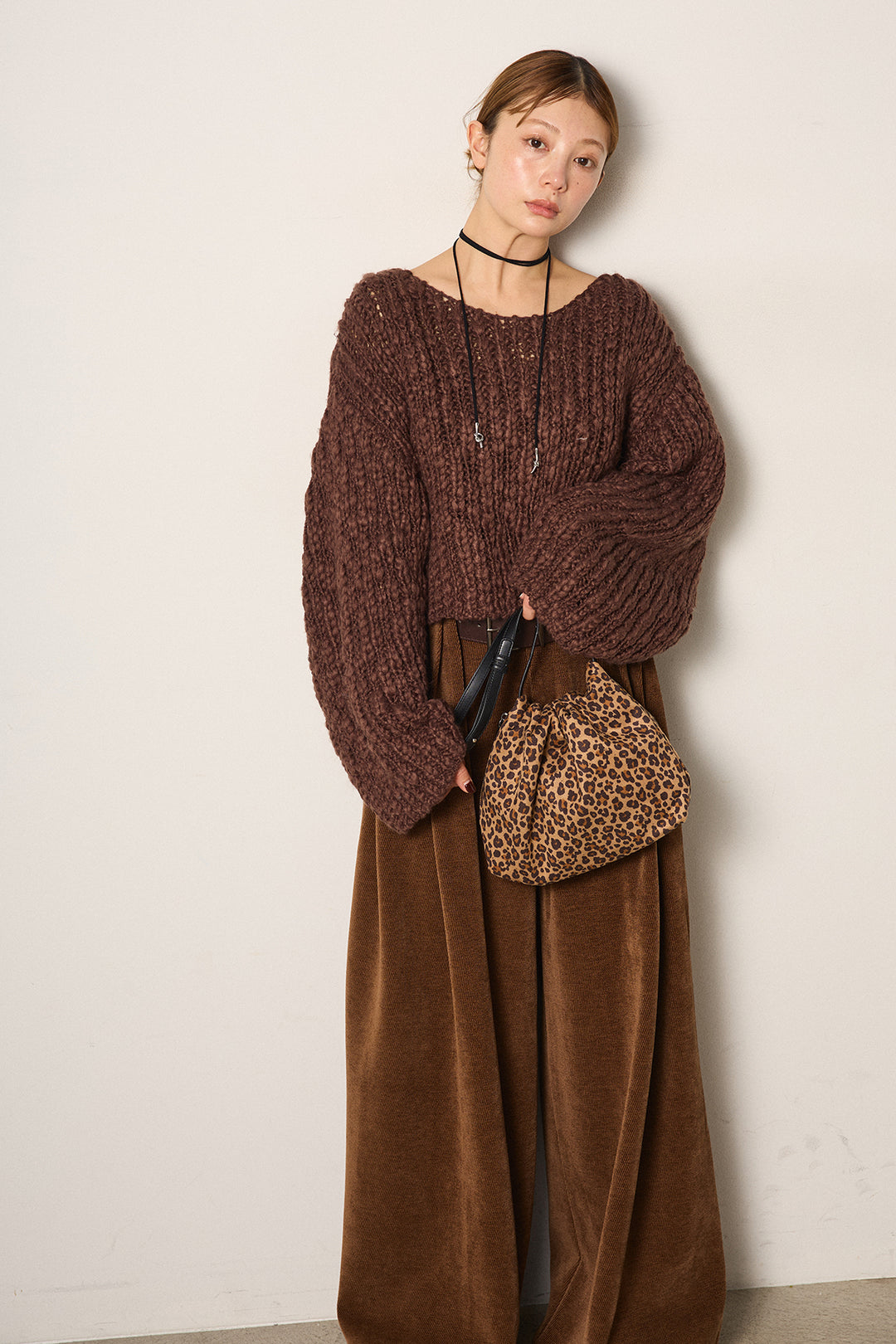 [SET]チャンキースラブニットクロップドプルオーバー+ベルトループコーデュロイワイドパンツ(2set)