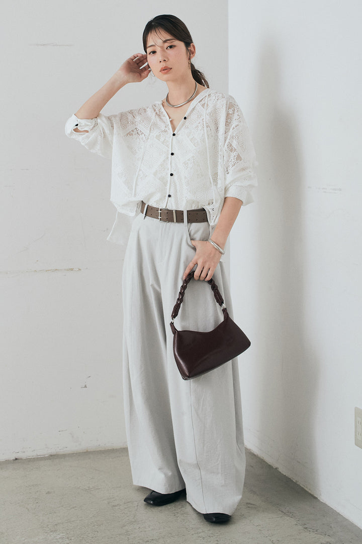 [SET]ブロックレースフード付きブラウス+ベルト付きサイドタックワイドパンツ(2set)