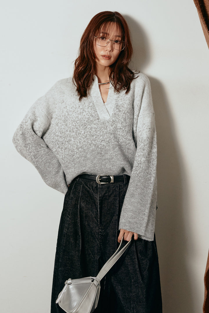 [SET]グラデーションラメニットキーネックプルオーバー+フロントタック入りコーデュロイパンツ(2set)