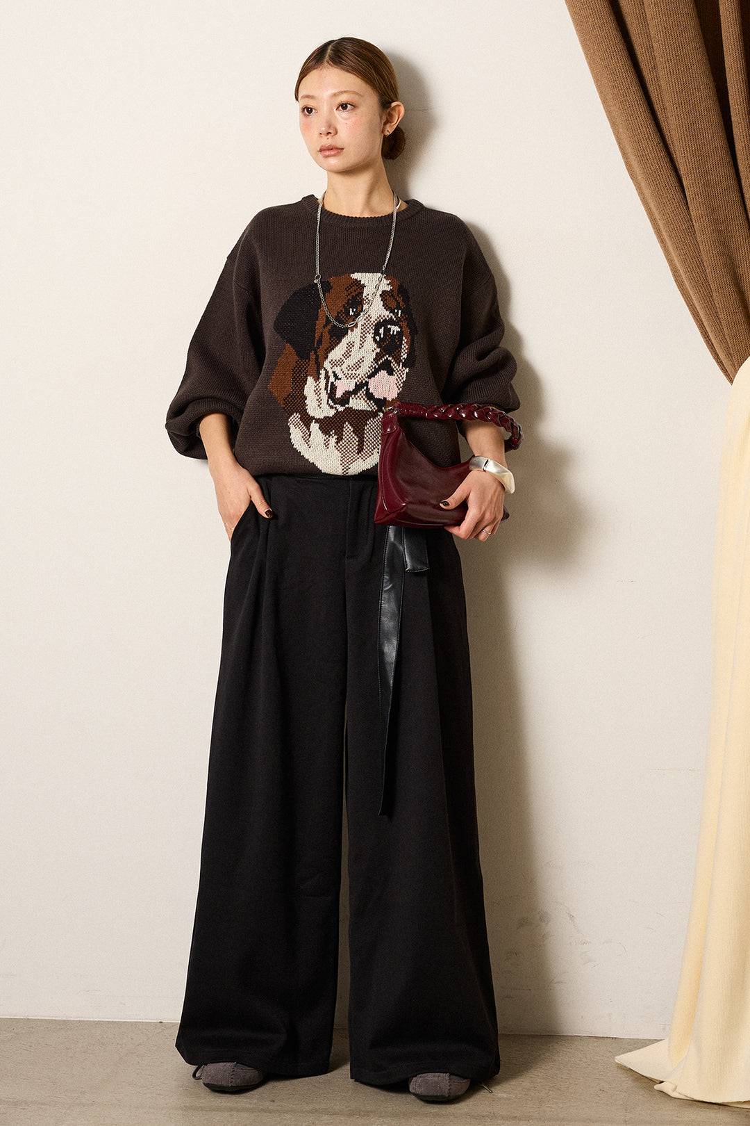 [SET]アニマルジャガード柄ニットトップス+巻ベルトウエストレザーライクワイドパンツ(2set)