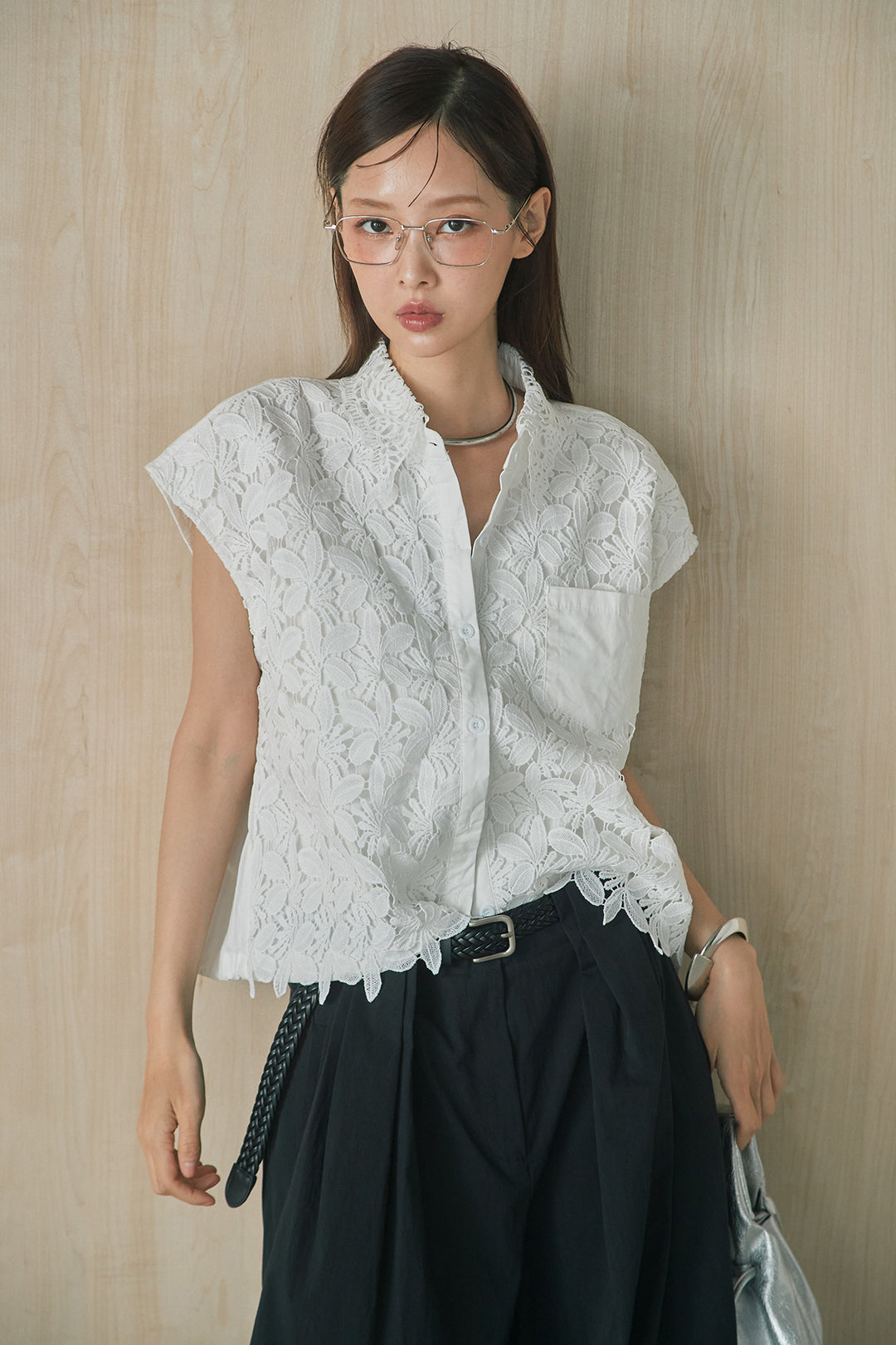 [SET]フラワーモチーフレースポケット付きフレンチシャツ+ニーサイドタックボリュームカーブパンツ(2set)