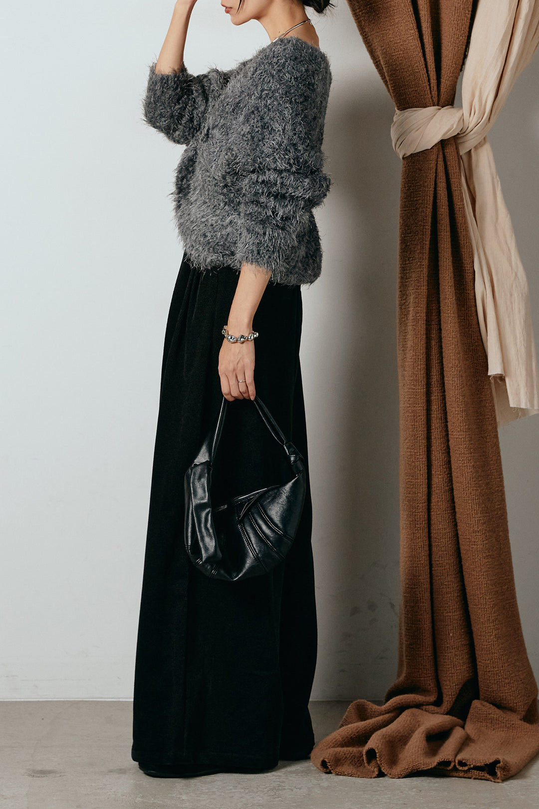 [SET]シャギークロスニットトップス+ベルトループコーデュロイワイドパンツ(2set)