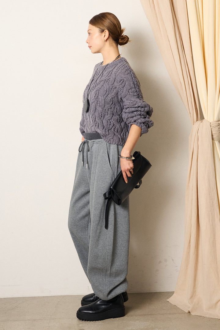 [SET]ケーブルリラックスショートニット+スウェットワイドカーブパンツ(2set)