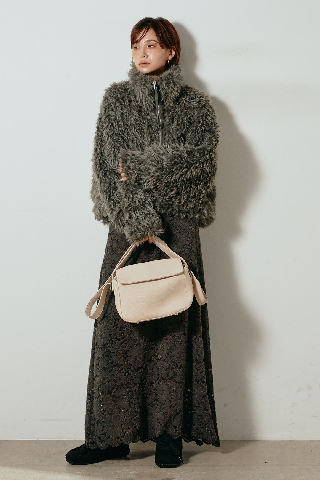 【着回しセット】[SET]ミックスシープファースタンドブルゾン+花柄刺繍ベロアフレアスカート+フェイクウールタックトラウザーズパンツ(3set)