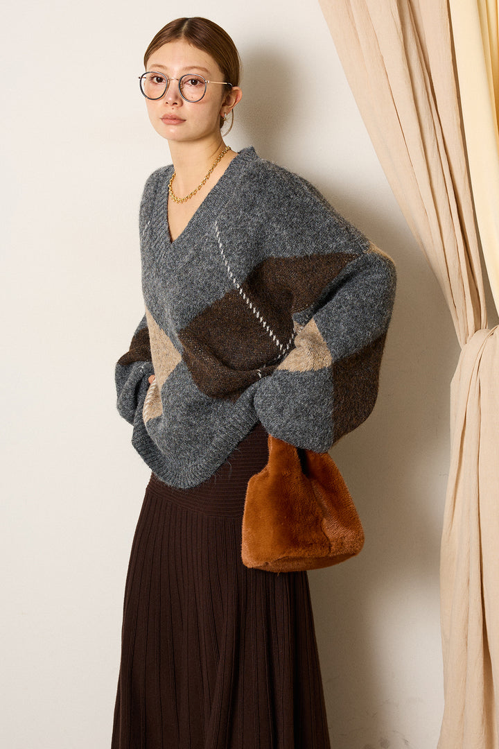 [SET]ルーズアーガイルVネックニット+編み地切り替えフレアニットスカート(2set)