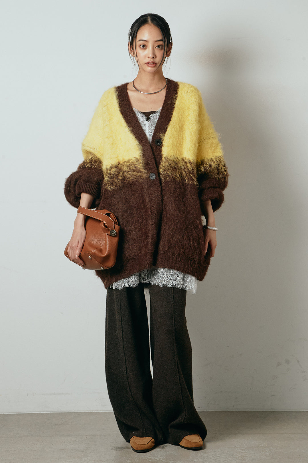 [SET]起毛グラデーションニットカーディガン+レース切り替えキャミソール(2set)