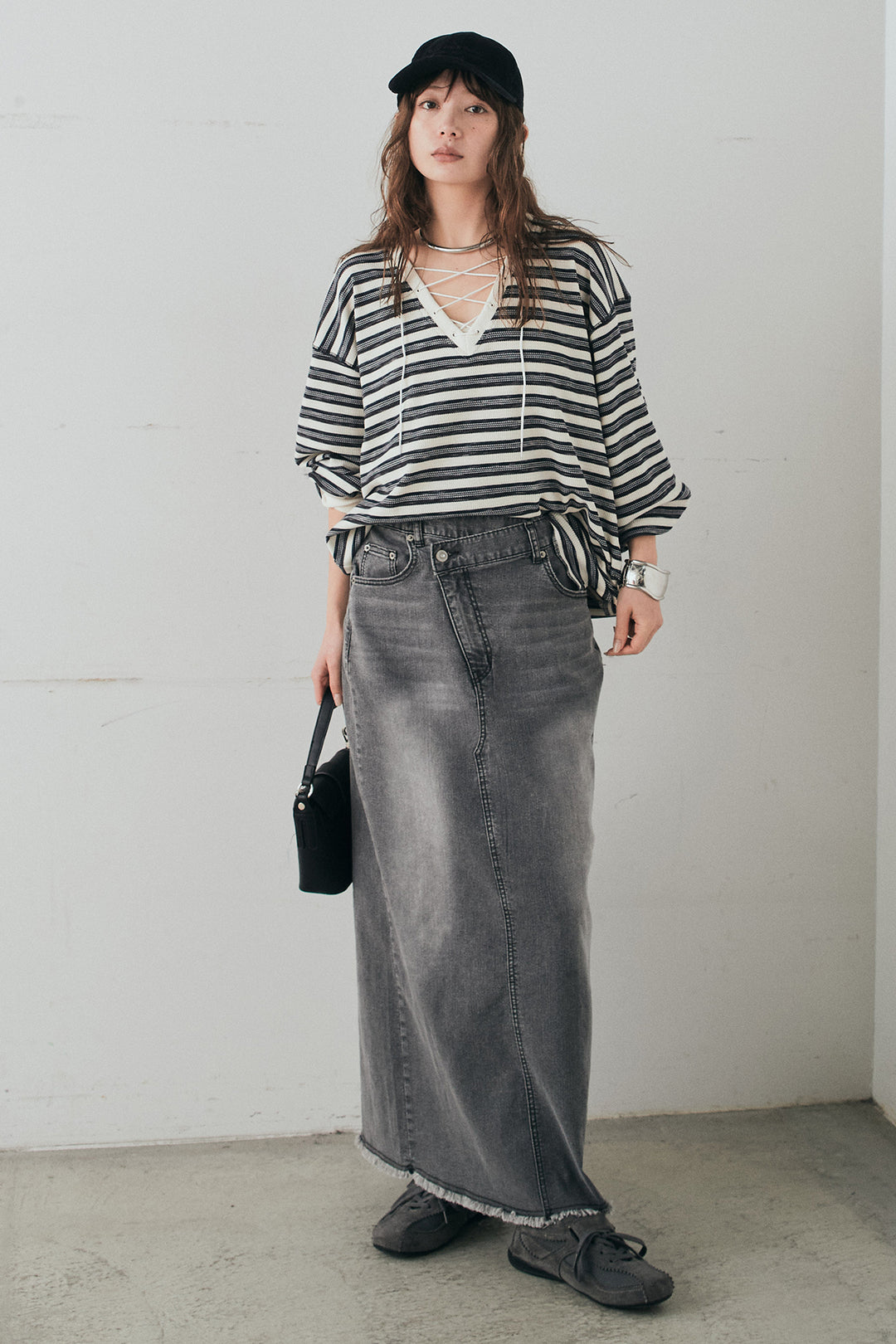 [SET]レースアップワッフルボーダートップス+ウエストクロスデニムタイトスカート(2set)