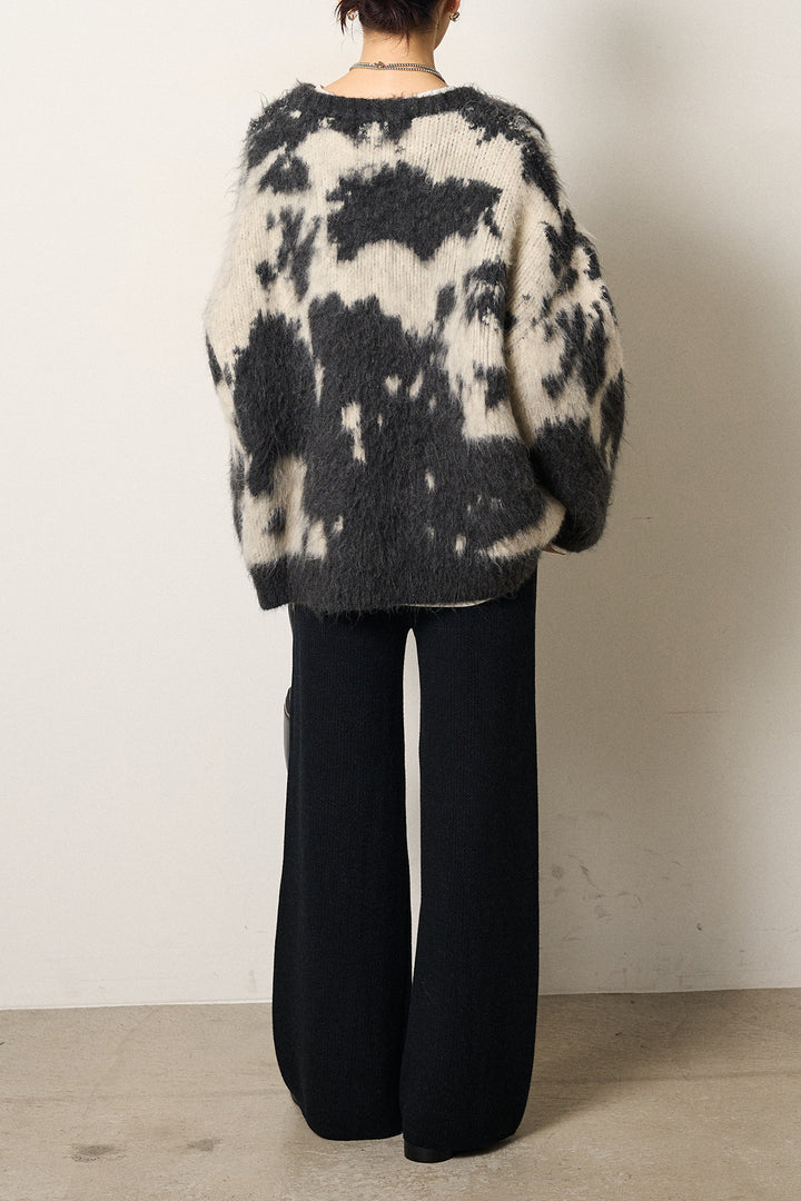 [SET]モヘアタッチマーブルニット+箔プリントBIGシルエットロングスリーブTシャツ+ワイドリブニットイージーパンツ(3set)