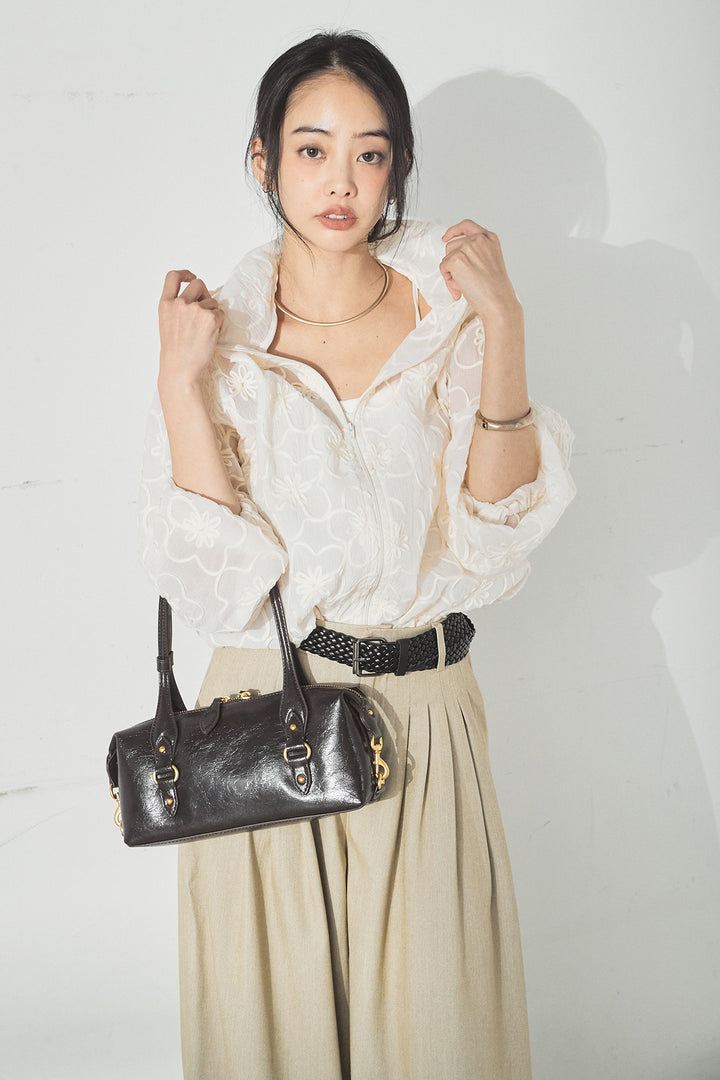 [SET]シアーフラワーフードブルゾン+編みベルト付きウエストタックワイドパンツ(2set)