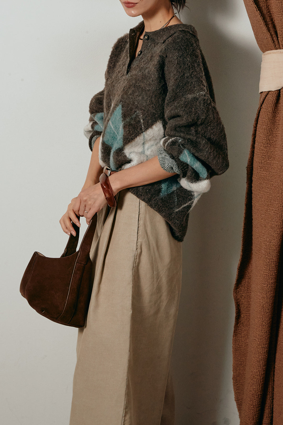 [SET]アーガイル柄ポロニットトップス+フロントタック入りコーデュロイパンツ(2set)