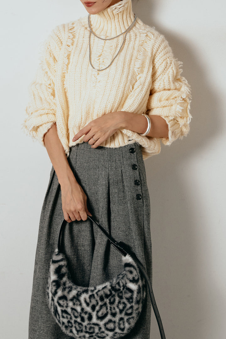 [SET]フリンジタートルショートニット+サイドボタンツイードタックパンツ(2set)