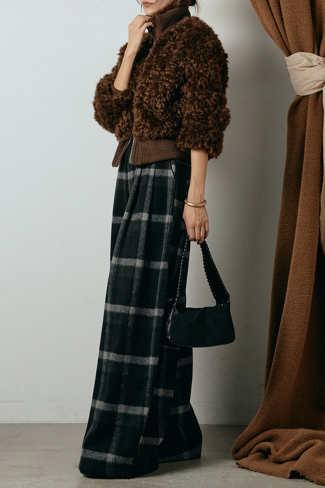 [SET]ハイネックショート丈ボアジップブルゾン+起毛タータンチェック柄ワイドパンツ(2set)