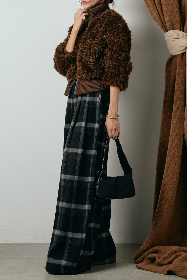 [SET]ハイネックショート丈ボアジップブルゾン+起毛タータンチェック柄ワイドパンツ(2set)