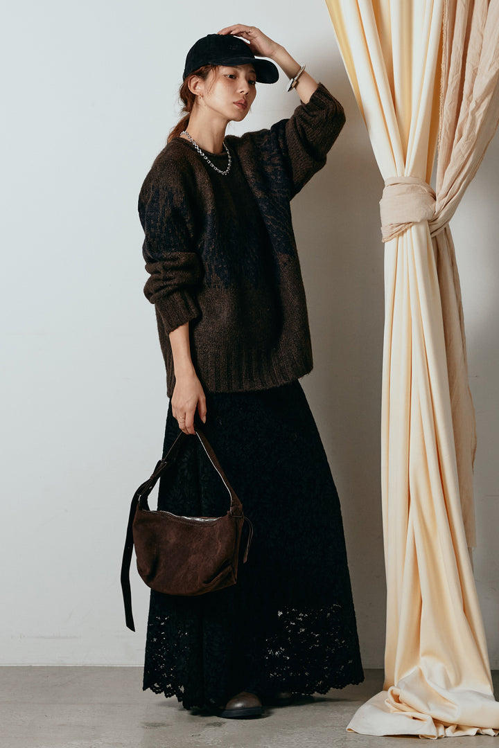 [SET]モノトーン柄ニットトップス+花柄刺繍ベロアフレアスカート(2set)