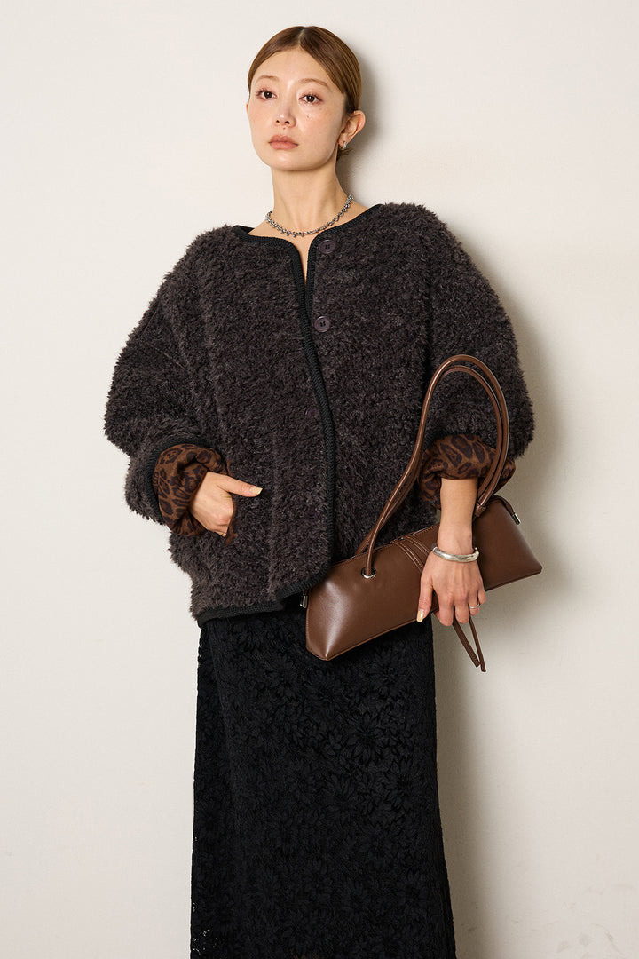 [SET]ノーカラー裏地レオパードボアアウター+花柄刺繍ベロアフレアスカート(2set)