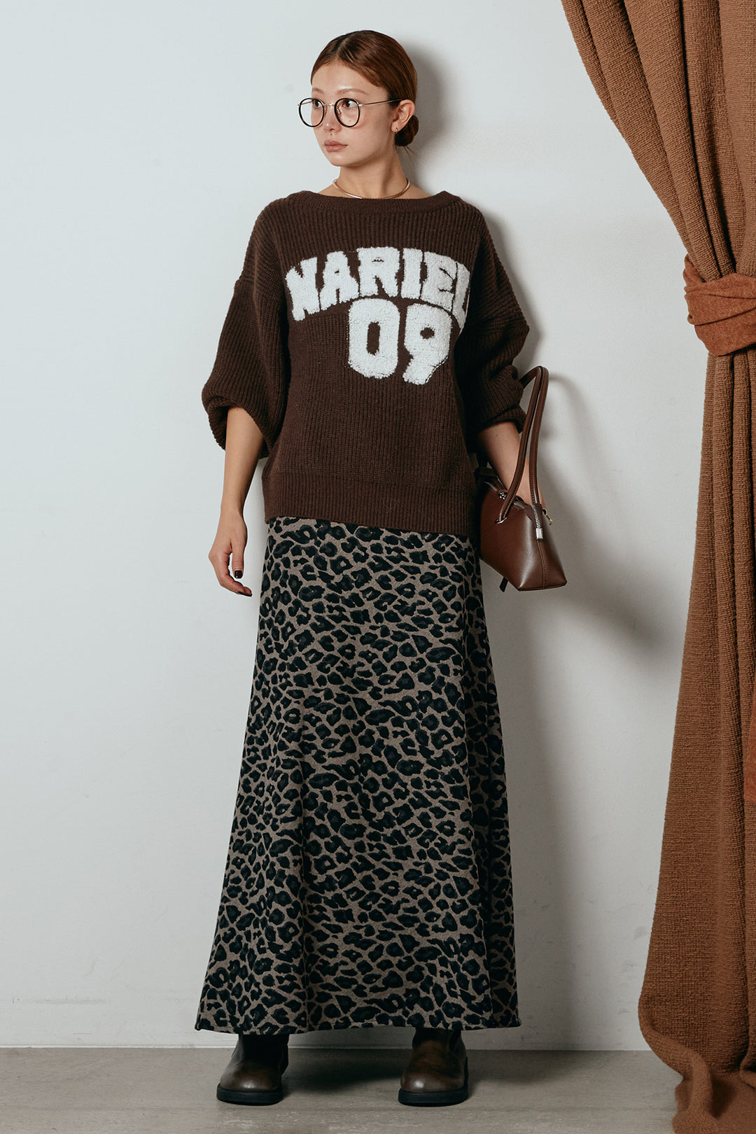 [SET]ロゴジャガードニットトップス+レオパードロングスカート(2set)