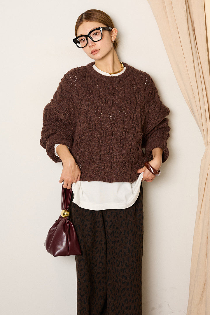 [SET]ケーブルリラックスショートニット+レオパードジャガードニットパンツ(2set)