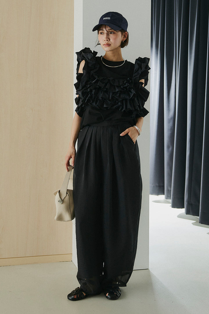 [SET]天竺ナイロンドッキングビスチェ風トップス+オーガンジータックパンツ(2set)