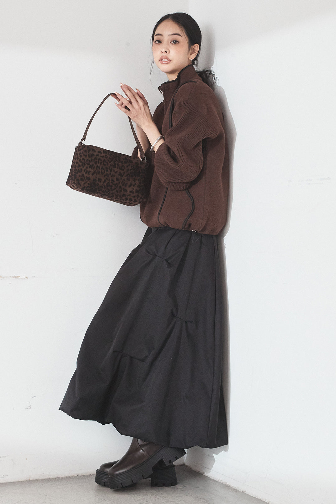 [SET]ハイネックパイピングデザインブルゾン+ランダムタックバルーンスカート(2set)