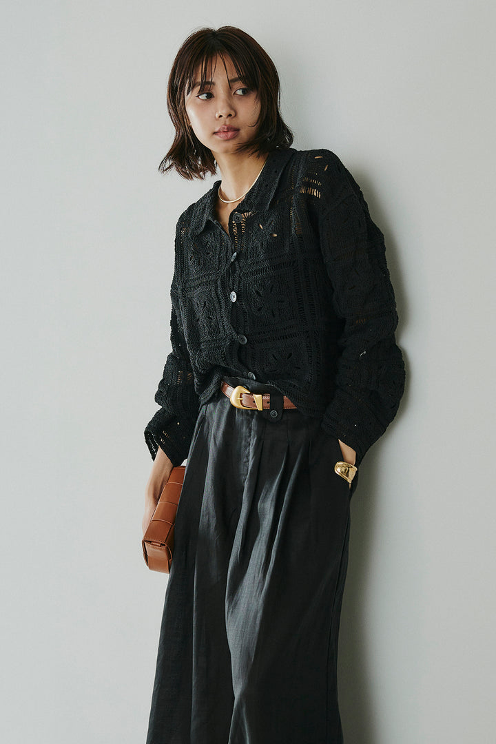 [SET]鍵編みフラワーレースカーディガン+タック入りワイドパンツ(2set)