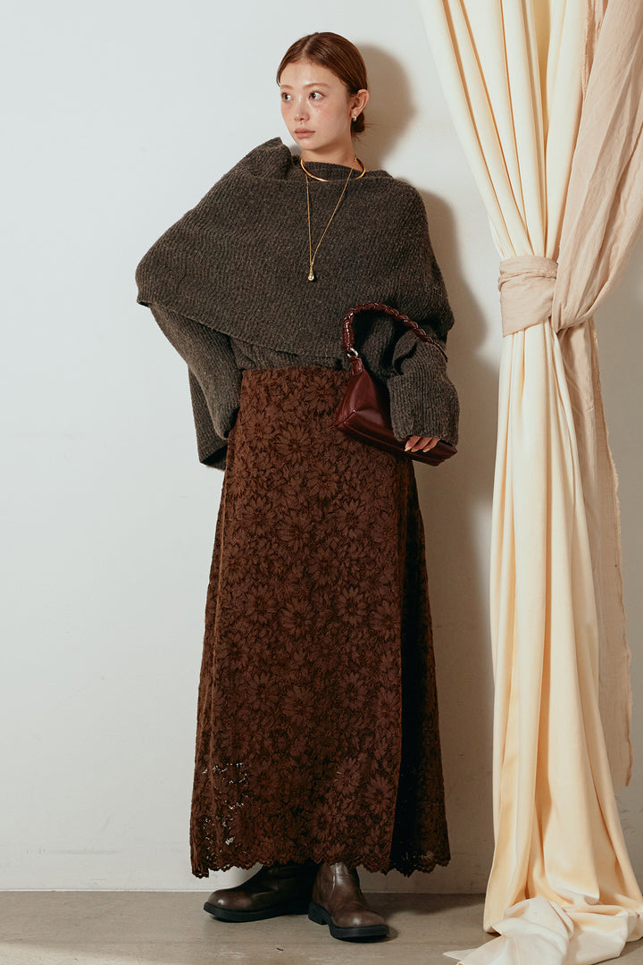 [SET]ケープデザインリブニットトップス+花柄刺繍ベロアフレアスカート(2set)