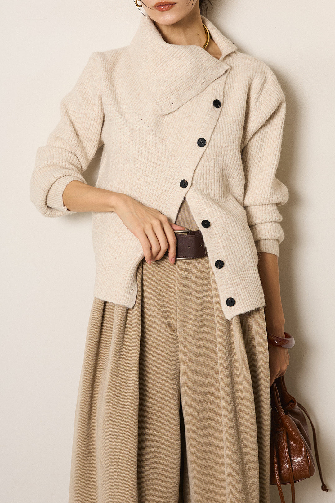 [SET]ボタンデザインネックニットプルオーバー+ベルトループコーデュロイワイドパンツ(2set)