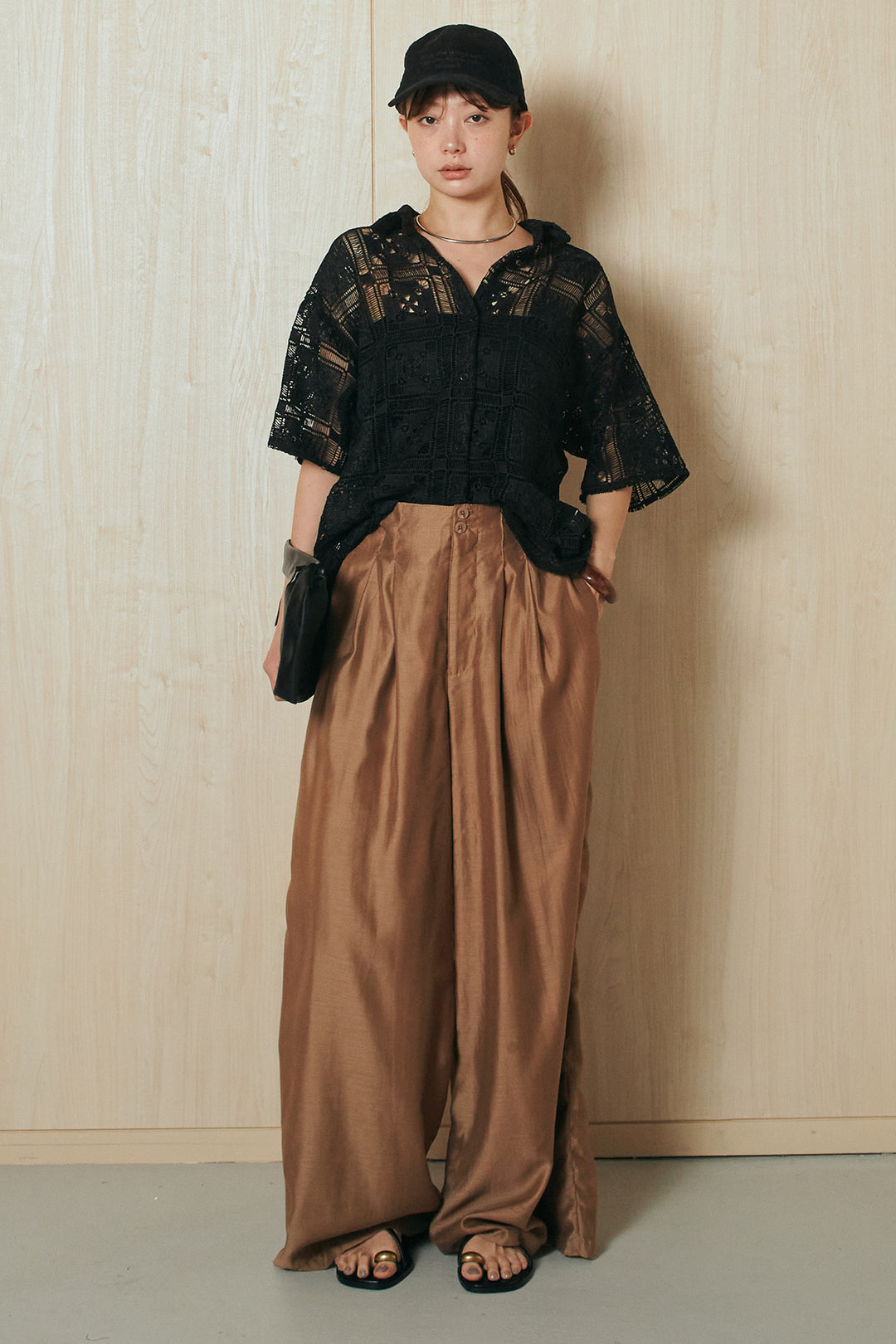 [SET]クロシェレースハーフスリーブシャツ+ダブルボタンワイドパンツ(2set)