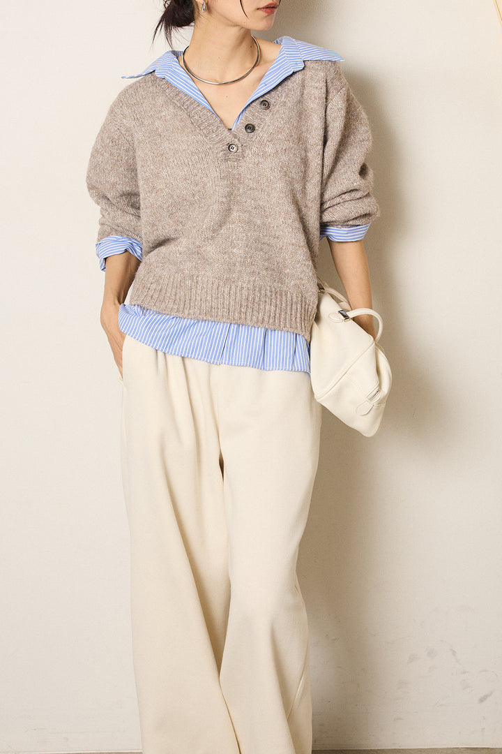 [SET]ストライプシャツドッキングニットポロトップス+裏起毛スウェットワイドパンツ(2set)