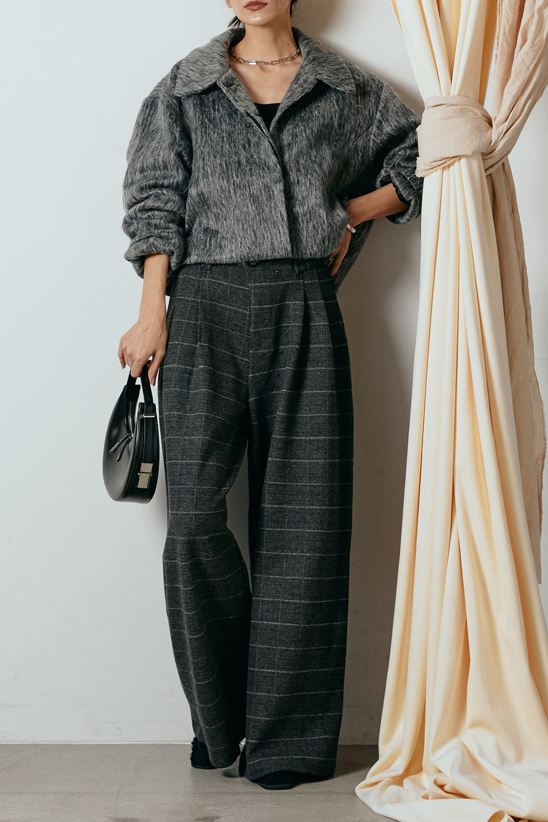 [SET]シャギーショートジャケット+スクエアチェック柄ワイドパンツ(2set)