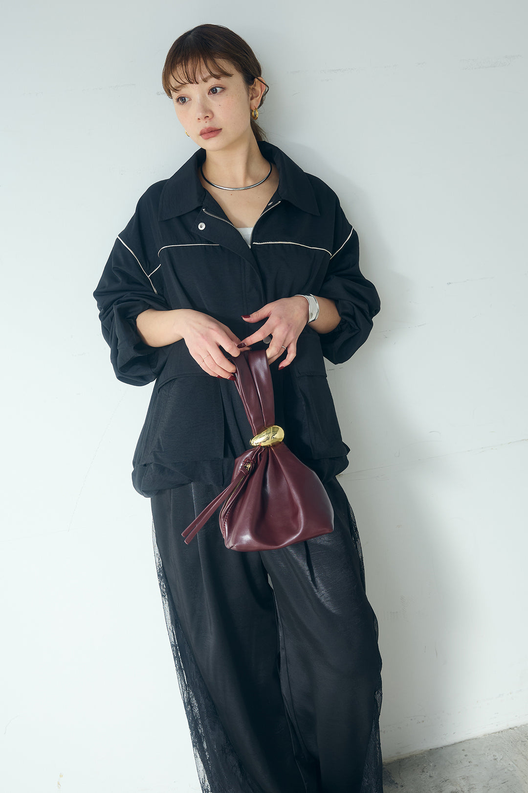 [SET]合繊ツイルバルーンジャケット+サテンレース切り替えタックパンツ(2set)