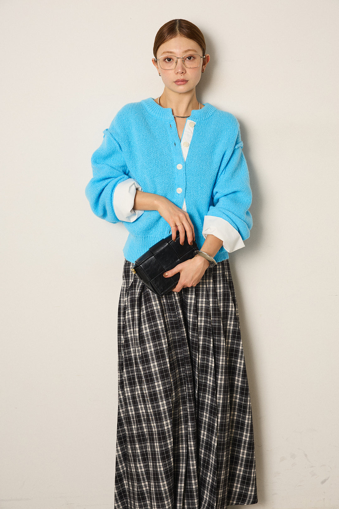[SET]シャツドッキングニットカーディガン+ベルト付きタータンチェックプリーツスカート(2set)