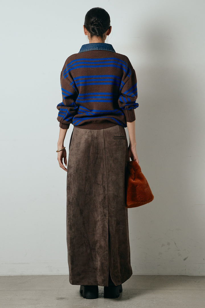 [SET]デニムレイヤード風ランダムボーダーニットプルオーバー+エコスウェードワイドスカート(2set)