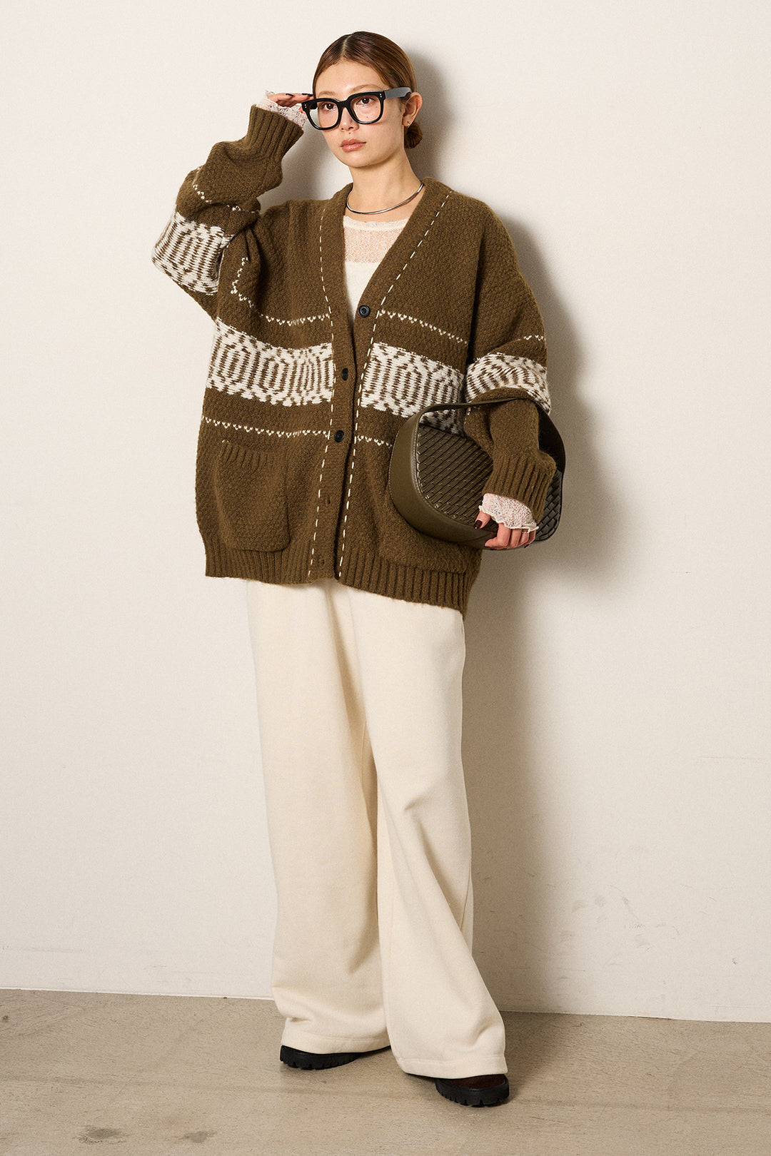 [SET]ライン柄ステッチニットカーディガン+2WAY袖コード刺繍クルーネックプルオーバー+裏起毛スウェットワイドパンツ(3set)