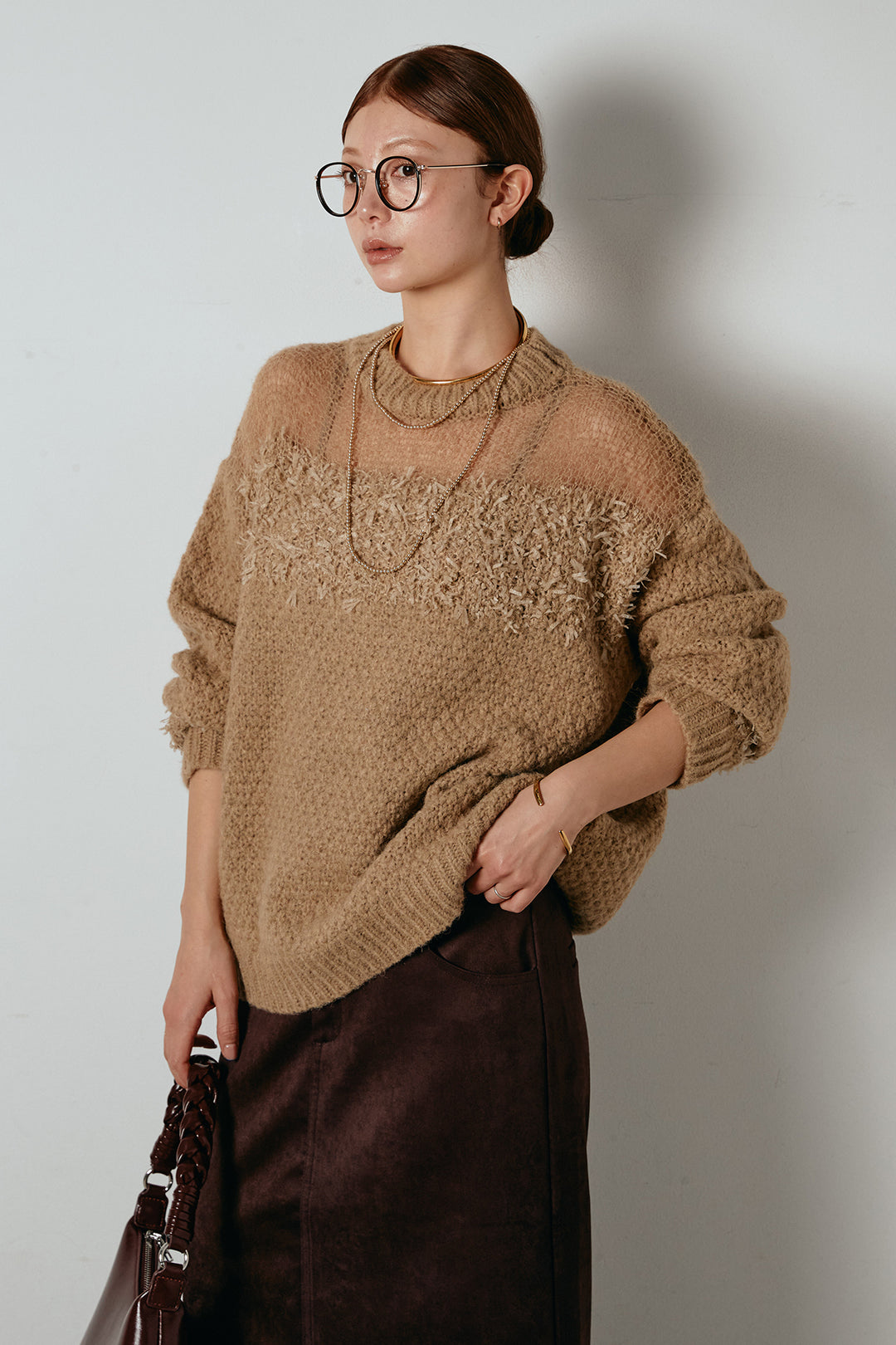 [SET]パターンランダム編みニットトップス+スウェードライク裾フリンジスカート(2set)