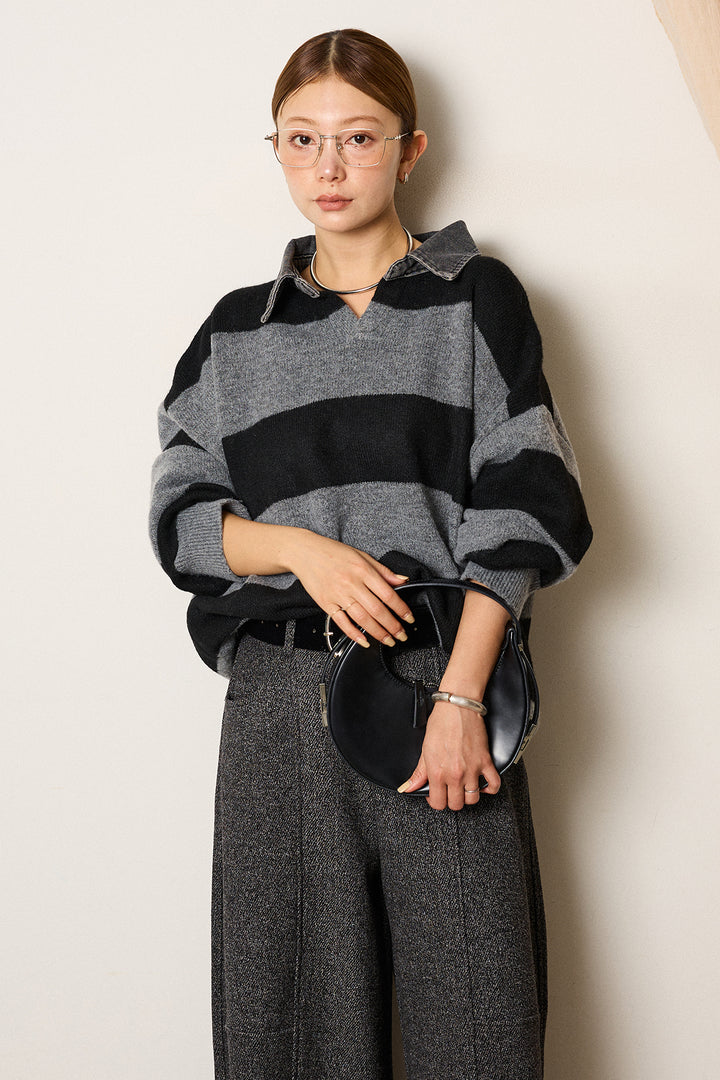 [SET]デニムカラーボーダールーズニット+太ベルト付きツイードワイドパンツ(2set)
