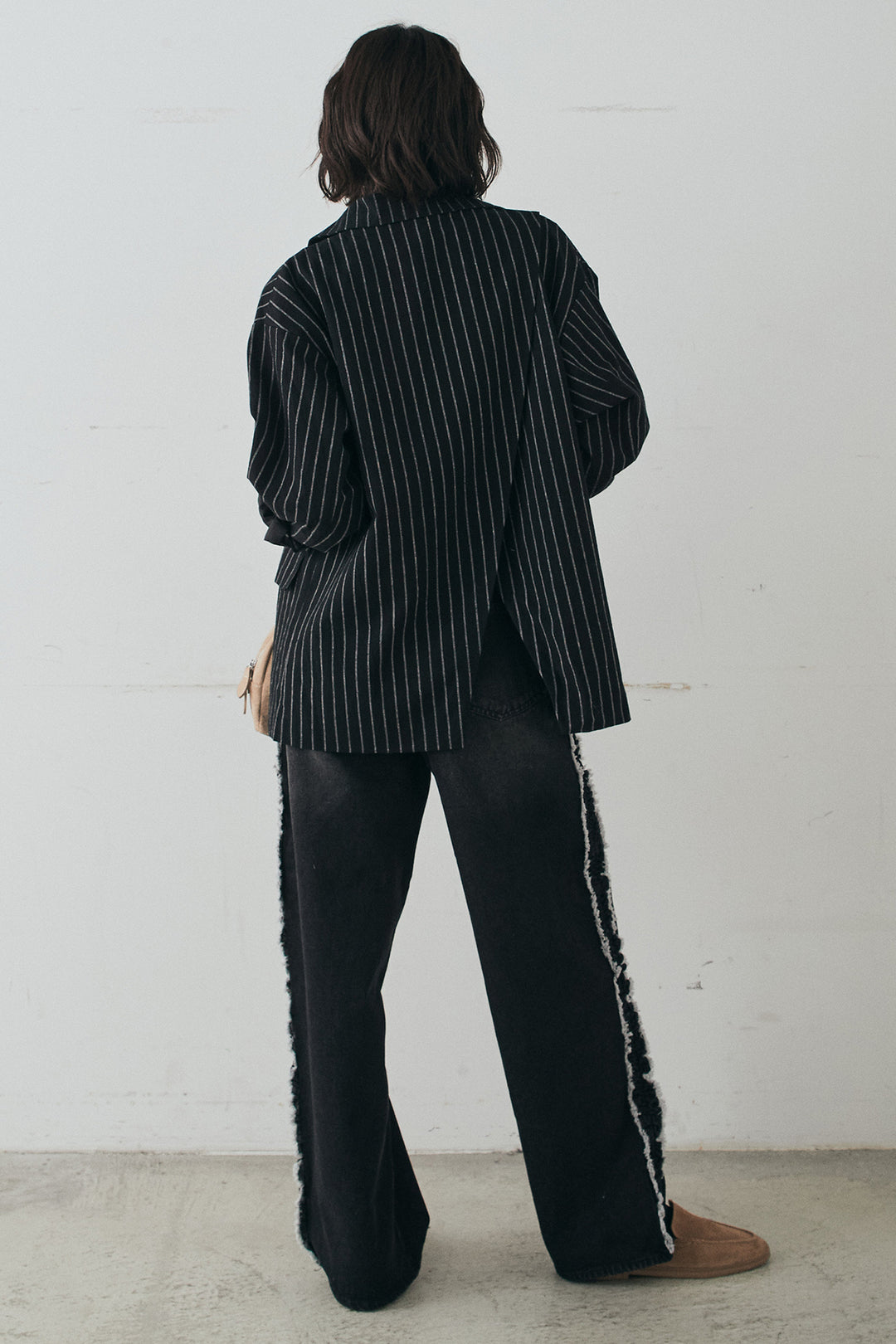 [SET]リネンライクストライプテーラードジャケット+デニムサイドフリルパンツ(2set)