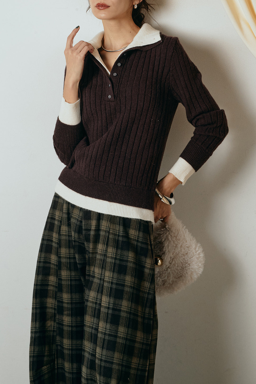 [SET]レイヤード風リブニットトップス+ベルト付きタータンチェックカーブワイドパンツ(2set)