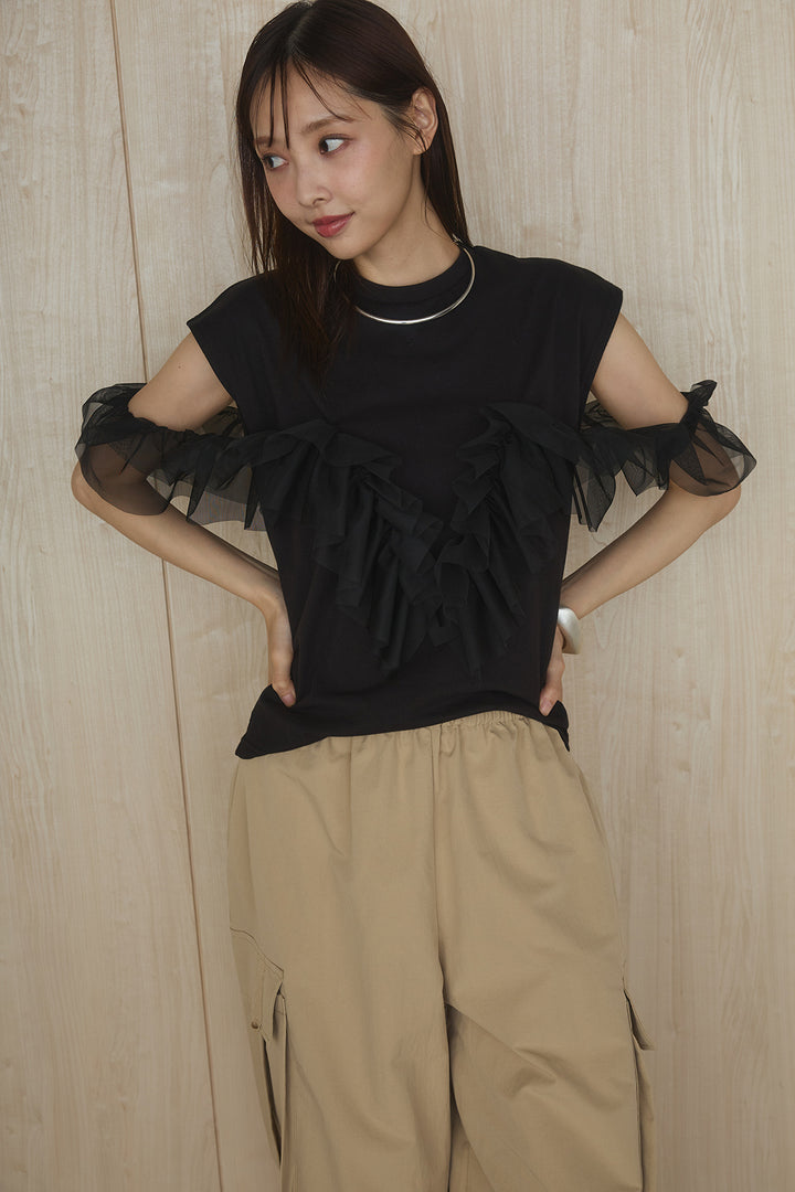 [SET]チュールフリルフレンチTシャツ+ルーズカーゴワイドパンツ(2set)