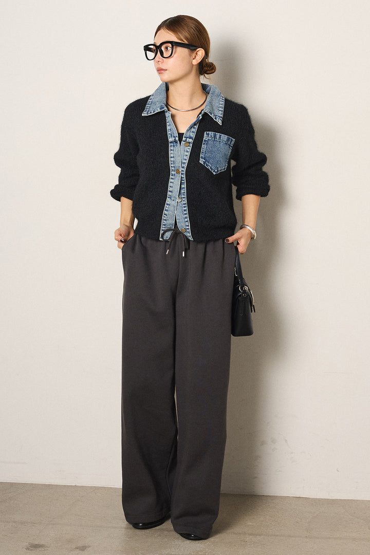 [SET]襟付きデニム切替ニットカーディガン+裏起毛スウェットワイドパンツ(2set)