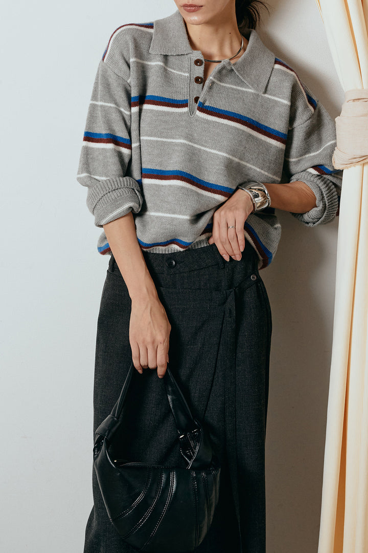 [SET]襟付きマルチボーダーニットポロトップス+ラップ巻きワイドスラックス(2set)