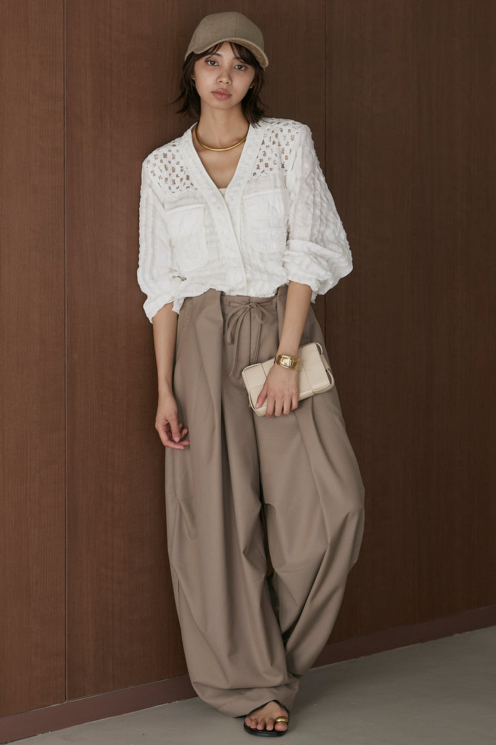 [SET]異素材切替シアーメッシュカーディガン+ベルトループワイドパンツ(2set)