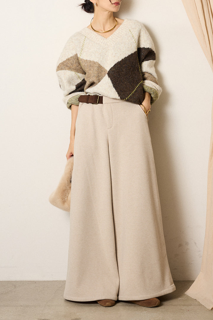 [SET]ルーズアーガイルVネックニット+サイドベルトパンツ(2set)