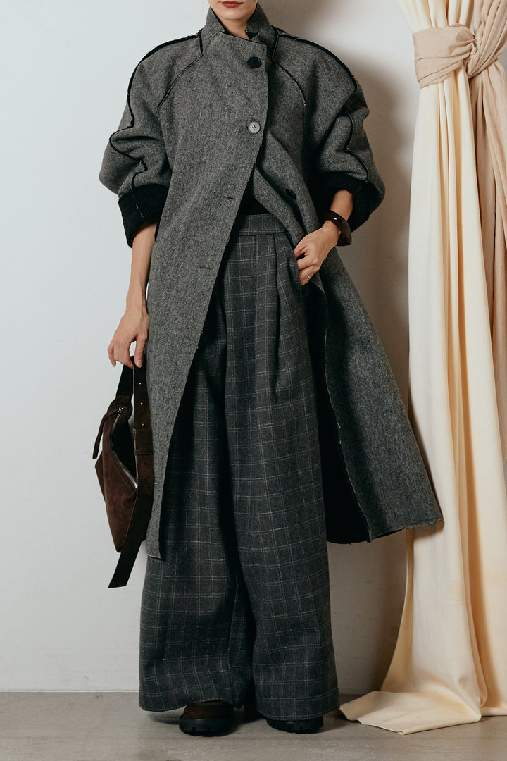 [SET]裏地ボアハイネックロングアウター+ウールライクチェックタックパンツ(2set)