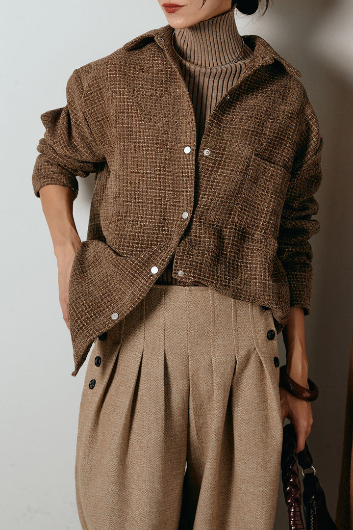 [SET]ルーズクラッシュツイルシャツ+サイドボタンツイードタックパンツ(2set)